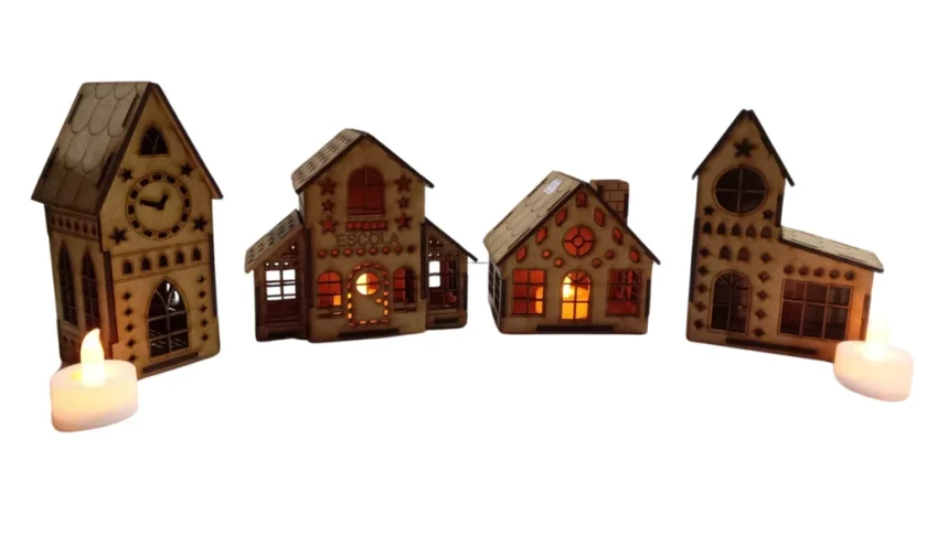 Kit 4 casinha em mdf mod 1 com e sem luminaria, maquete,...