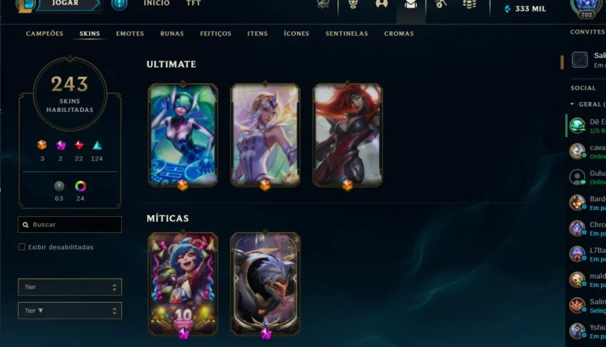 Conta lol lvl 702, 242 skins, esmerald 2, 333 MIL essências