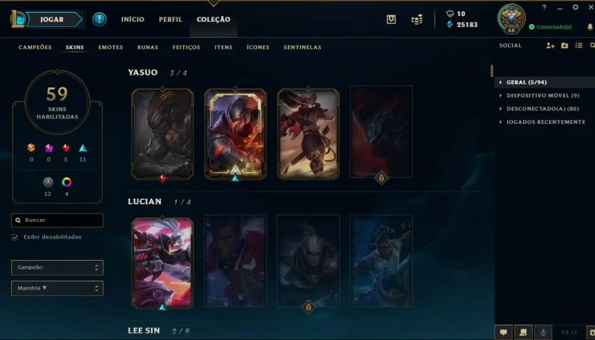 Conta OURO 1, 132 Campões, 59 Skins, 25K Essencia Azul