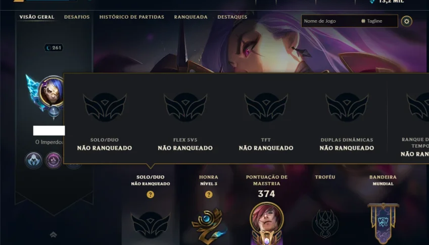 Unranked com 120 Champs e 107 Skins ( MID / JG / TOP )