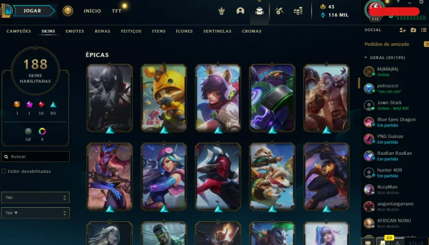 Conta riot prata 1(lol) diamond (valorant) 188 skins lol