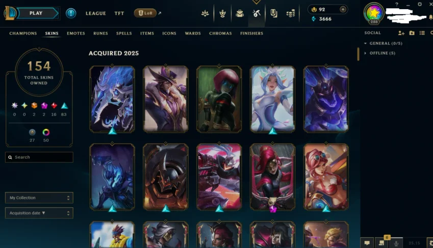 Conta de lol lvl 288 - 154 skins