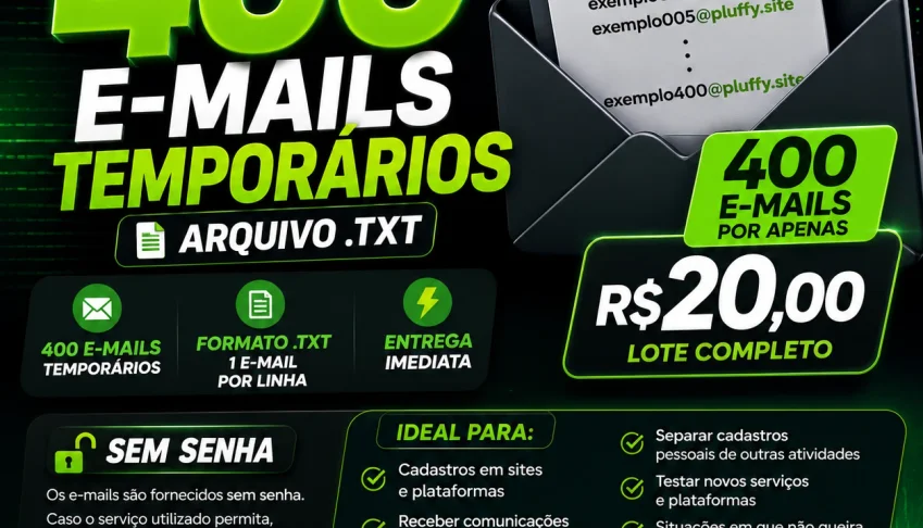Lista 400 E-mails Temporários (Sem Senha)