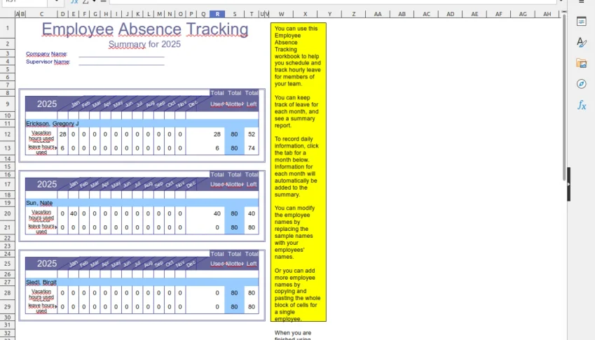 Employee Absence Tracking - Spreadsheet