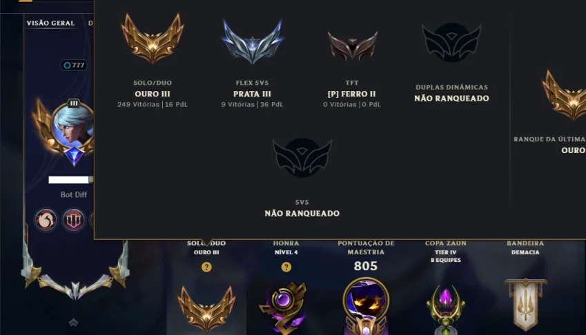 Ouro 3 com TODOS os Champs e 287 Skins( Nivel 777 )