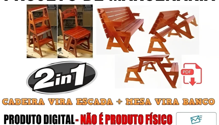 Projeto de Madeira Cadeira Vira Escada + Mesa Vira Banco