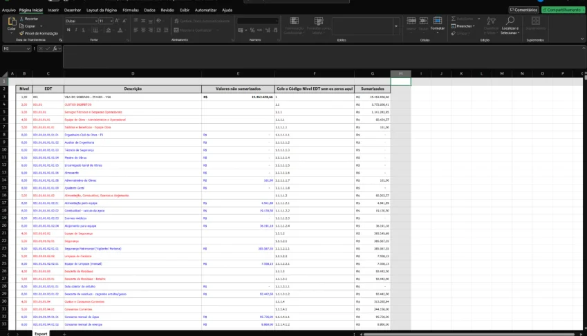 Planilha Excel para Sumarização Automática de EAP por EDT
