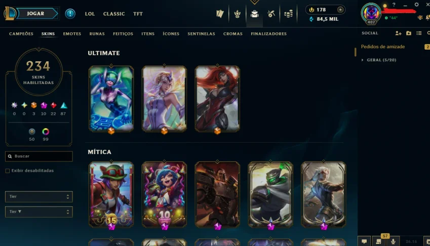 Conta de lol full acesso 234 skins, MMR Plat/Gold