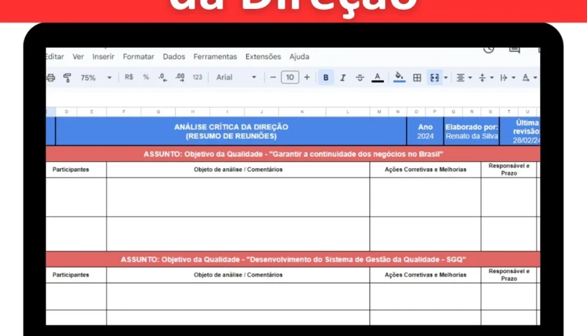Planilha Análise Crítica Da Direção (Resumo De Reuniões)