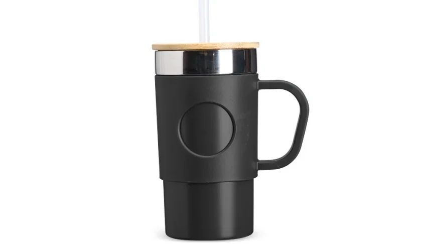Caneca Térmica Preta 400 ml com Tampa e Canudo