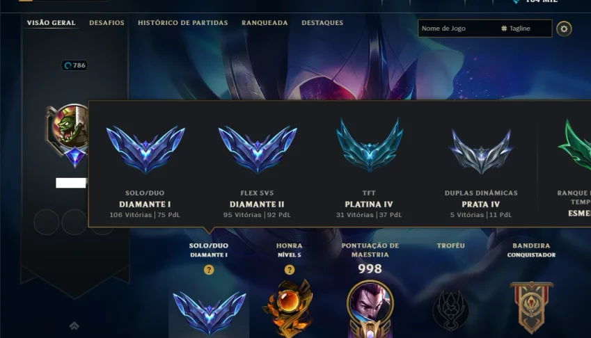 Diamante 1 com TODOS os Champs e 234 Skins ( MID / JG / ADC)