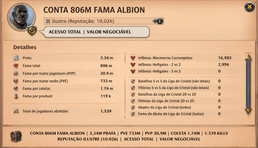 Conta Albion 800M De Fama + Coleta T8 + 100M De Bau
