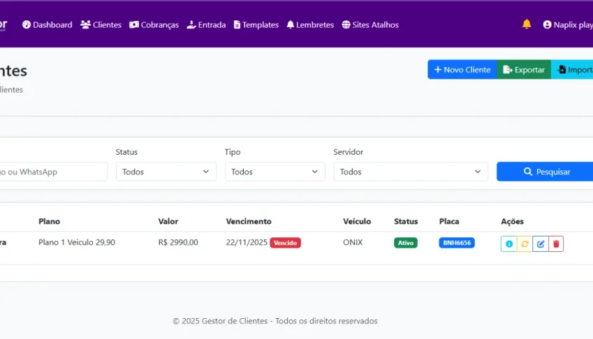 Gestor de Clientes Rastreamento Veicular –  cobrança Manual