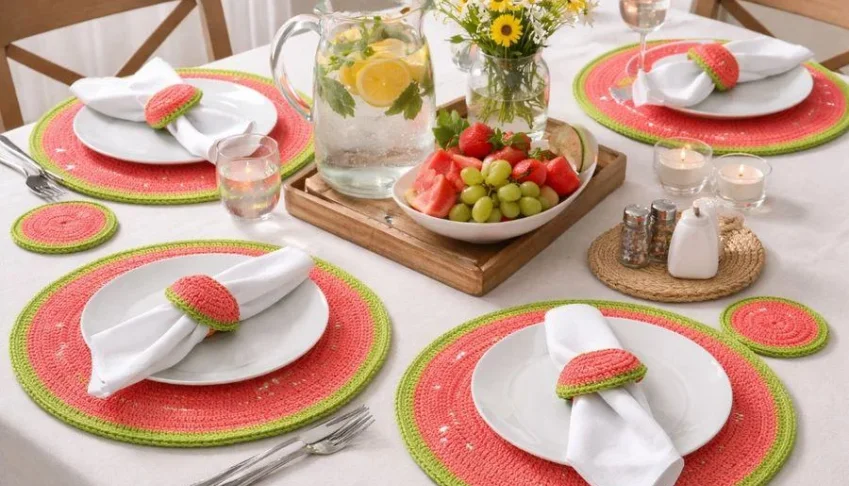 Conjunto Mesa Posta Crochê Goiaba