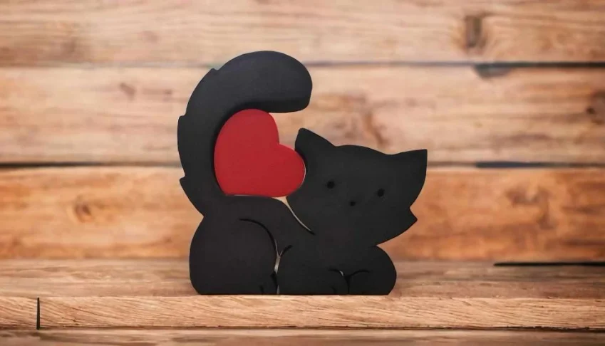 Gato Decorativo com Coração em Impressão 3D