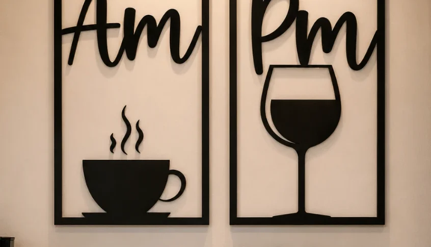 Kit 2 Quadros AM Café e PM Vinho em MDF Preto