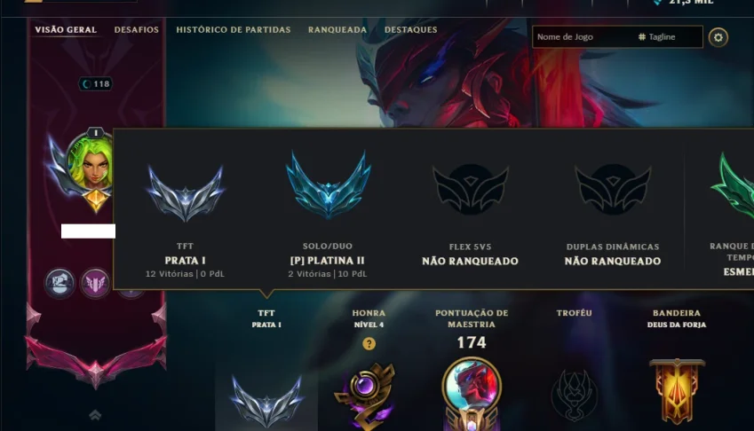 Platina 2 com 130 Champs e 46 Skins +2 Prestigios +1 Rara