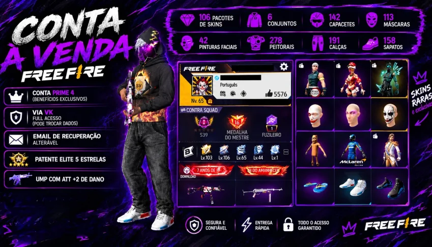 Conta Free Fire Nv. 65 Gemada Desde 2018 - Itens Antigos