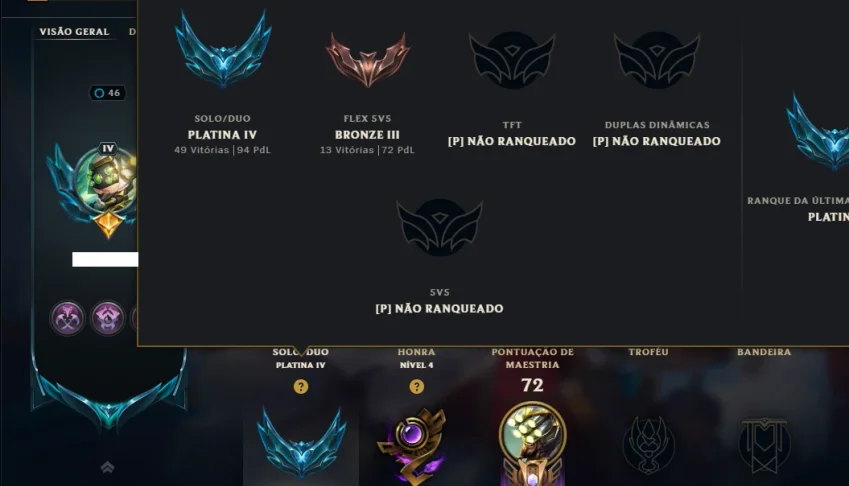 Platina 4 com 70 Champs e 52 Skins ( JG / MID / ADC )