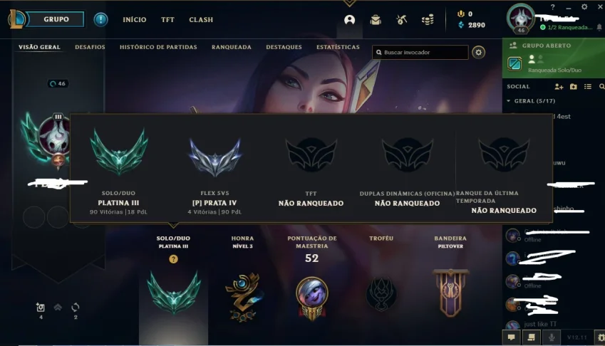 conta platina III com winrate de 60% 4 skins leandárias