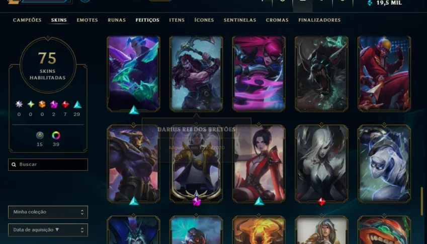 conta lol,361nivel de maestria, 75skins habilitadas