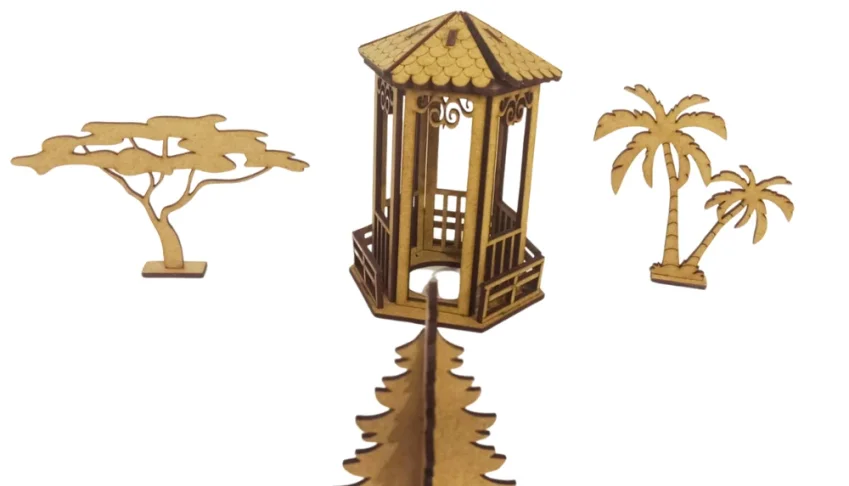 Mini coreto com pinheiro, arvore e coqueiro em mdf,...