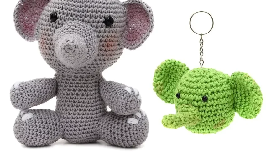 Duo Elefante Sentado e Chaveiro Elefante em Amigurumi