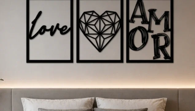 Kit 3 Quadros Love Amor em MDF Preto 42 x 29 cm