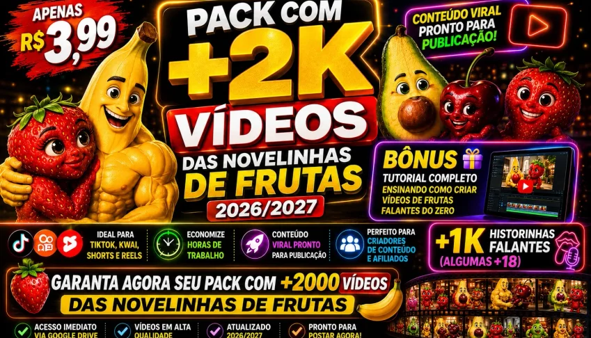 Pack Novelinhas de Frutas Virais 2026 (+2000 vídeos)