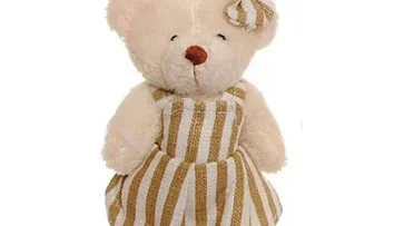 Ursinha com Vestido Listras - Branco/Bege (10 cm)