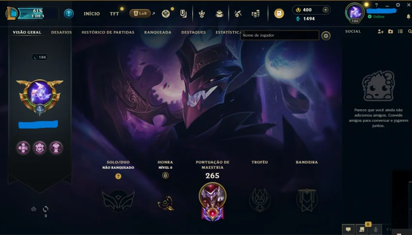 Conta League of Legends Nv.186 com 66 Skins e 119 Campeões