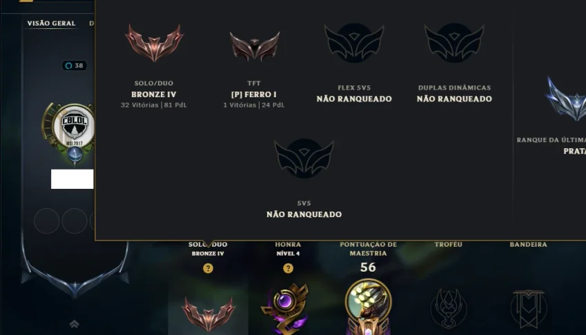 Bronze 4 com 40 Champs e 43 Skins ( Mais de 70 Jogos )