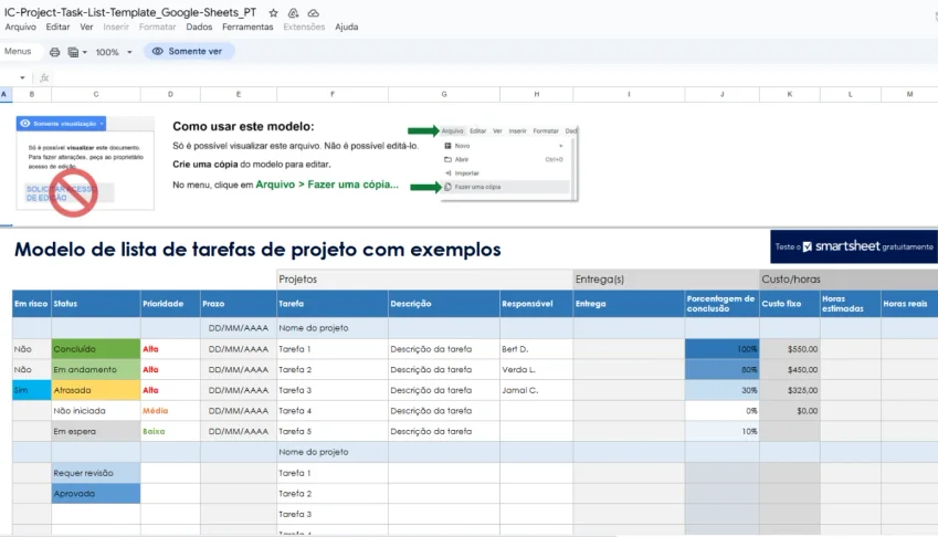 Planilha de Gestão de Tarefas para Projetos – Controle