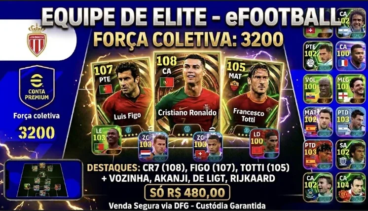 Conta eFootball 3200 Força Coletiva | CR7 108, Figo 107 et…