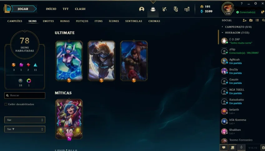 Conta LoL, level 100, todos champs G III, 78 skins 3Ultimate