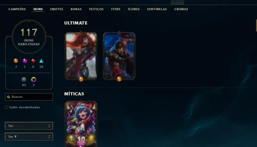 Conta de League of Legends com 117 skins, lvl 217