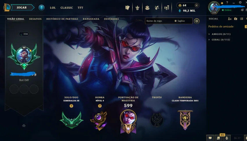 Conta League of Legends atualmente Esmeralda 3