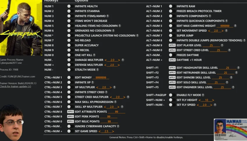 Mod Menu (Trainer menu) para Cyberpunk 2077