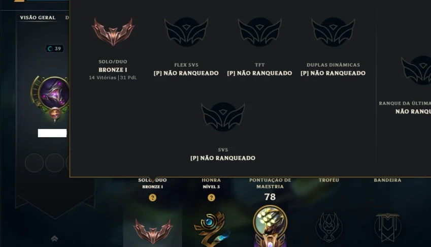 Bronze 1 com 25 Champs e 46 Skins ( Mais de 30 Jogos )