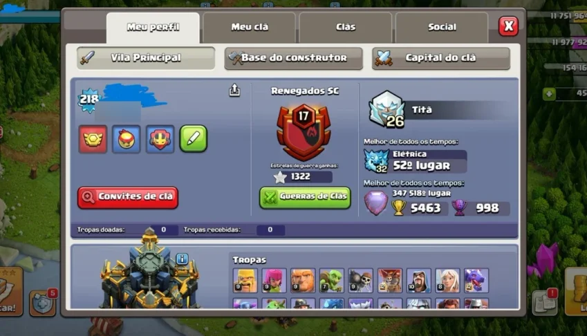 CV17 Quase Full - Clash of Clans + Conta Top Clash Royale