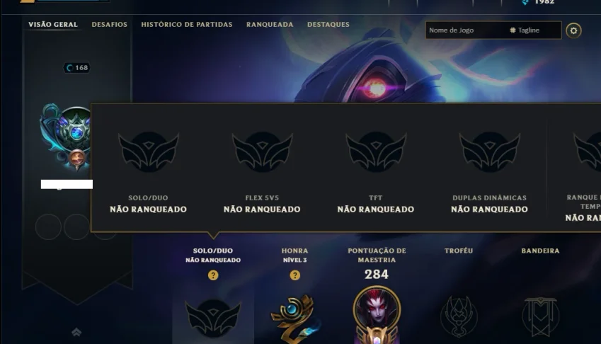 Unranked com 120 Champs e 192 Skins +2 Prestigios +2800 RP