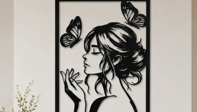 Quadro Mulher com Borboletas em MDF Preto 40 x 30 cm