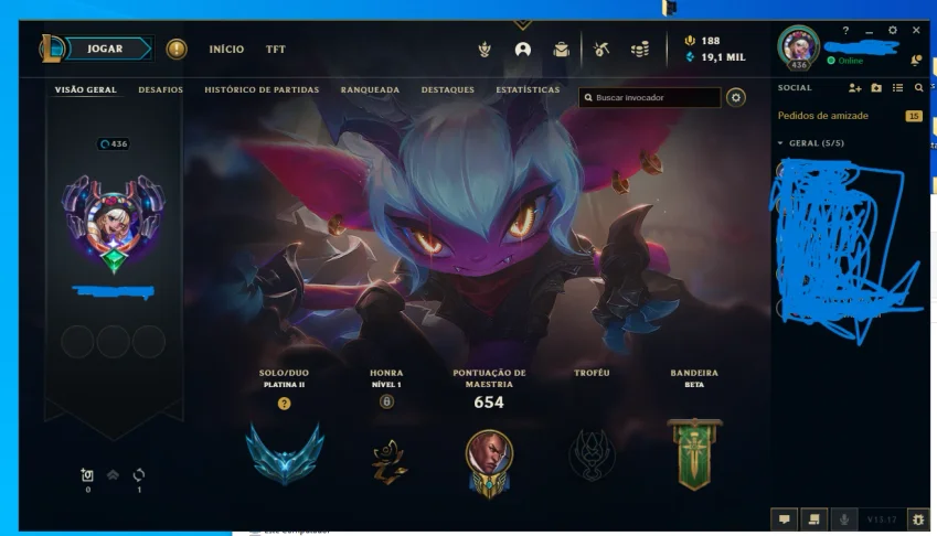 Conta de lol,Platina II com 127 skins,166 emotes,all champs
