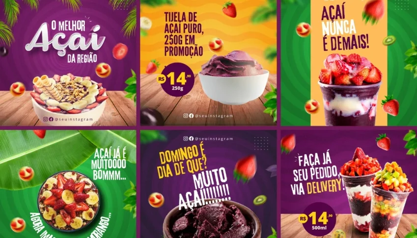 Pack Artes Canva Açaí – 65 Temas Editáveis para Açaiterias