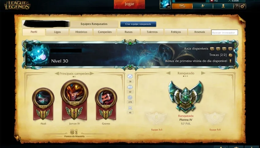 Vendo Conta Lol Plat 4 + 115 Skins + 20 Pag Runas+All Champs