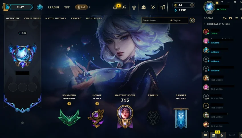 Conta LoL, Nível 582, Esmeralda 4, 233 skins, Todos os camps
