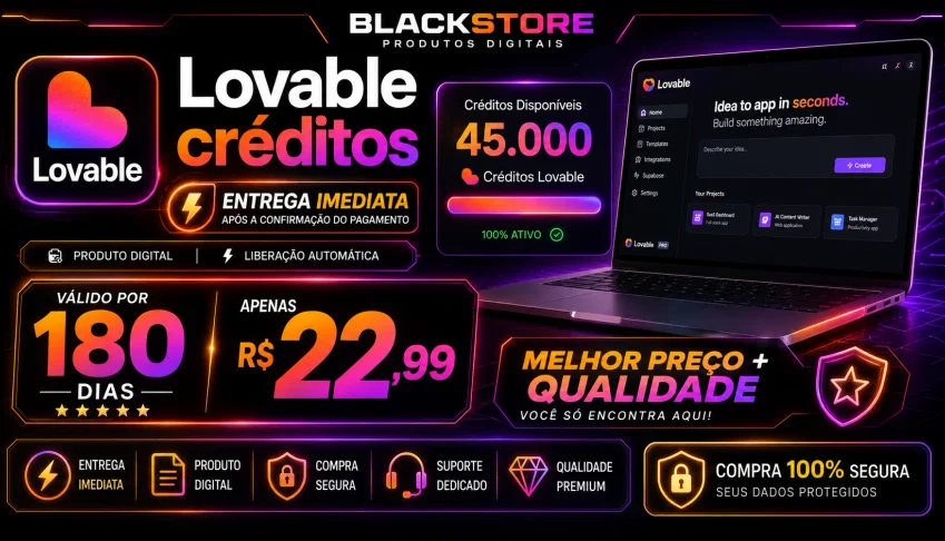 Lovable Créditos infinitos 180 dias 💜 Apenas R$ 22,99 💜