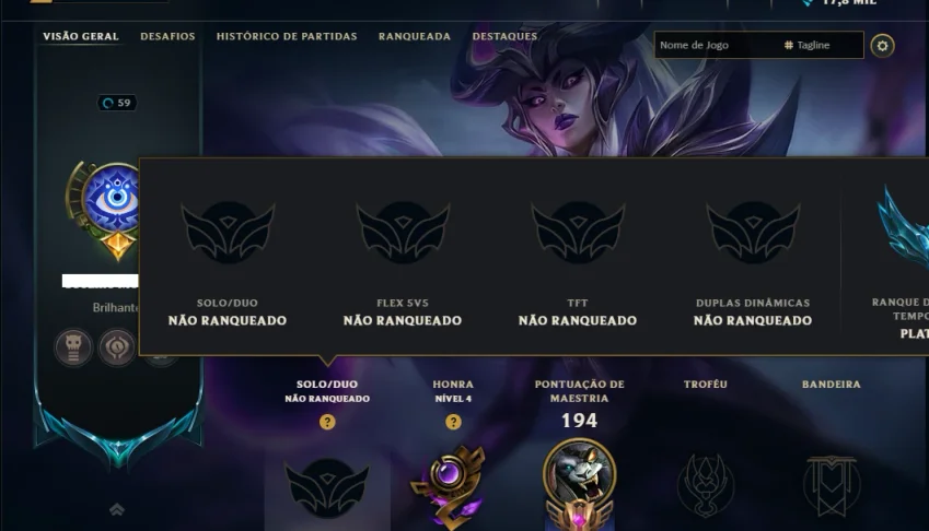Unranked com 110 Champs e 34 Skins +8 Vitoriosas
