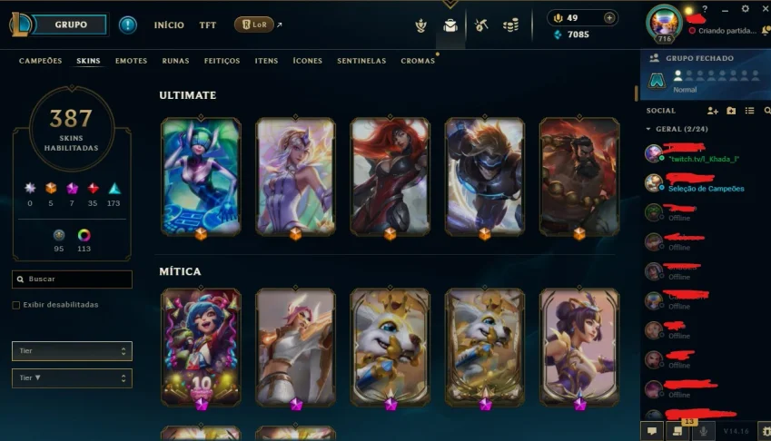 Conta do lol diamante 3, 387 skins, lvl716