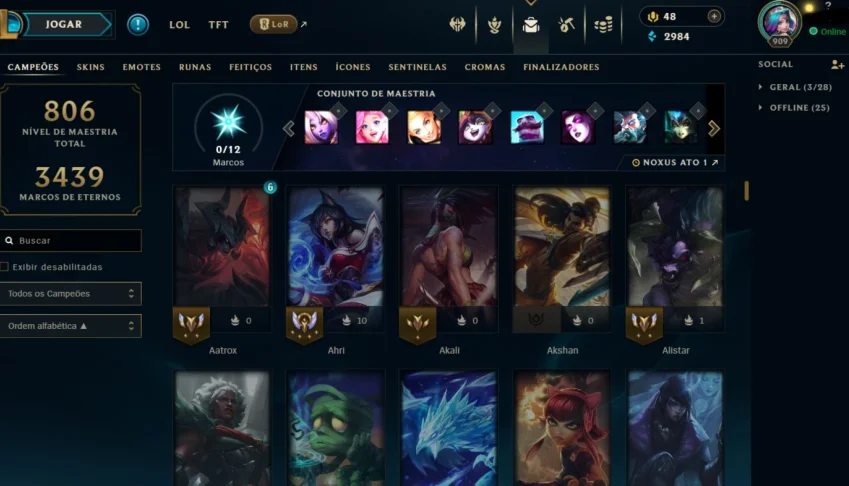 Conta League of Legends nv 909, 244 skins, todos os campeões